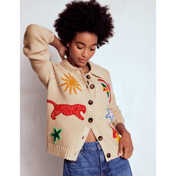 Boden Embroidered Collared Cardigan Medium Ecru Marl New With Tags - Picture 6 of 12